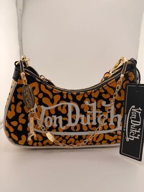 Von Dutch Black Bag with Orange Leopard Print & Gold Chain